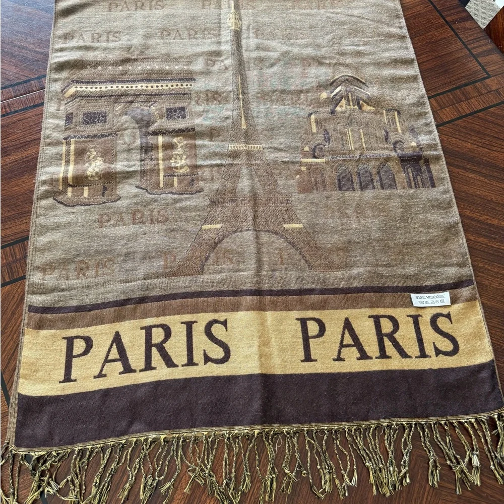 PARIS SCARF SHAWL WRAP VISCOUS BROWN BEIGE FRINGES EIFFEL  TOWER ARC DE TRIOMPHE
